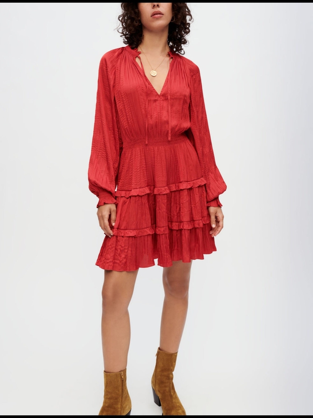 Maje Red Tiered V-Neck Mini Dress